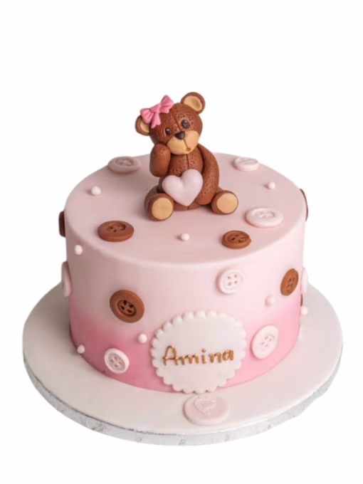 Pink Button Bear Theme Cake & Flowers